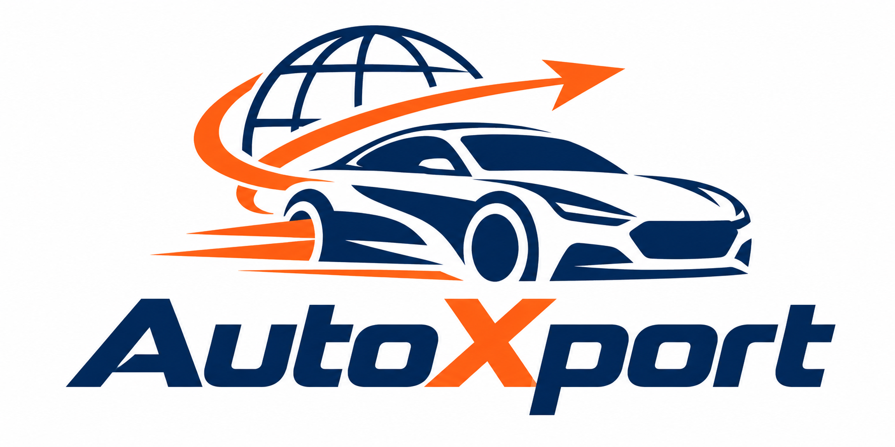AutoXport — logo z samochodem i globem w kolorach granatowym i pomarańczowym